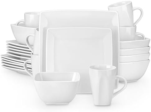 vancasso Soho Dinnerware Sets 24 Pieces, White Stoneware Square Place Setting, Dinner Plate, Dessert Plate, Cups and Plates Sets for Kitchen, Dish Set for 6, White