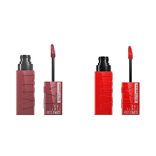 MAYBELLINE Super Stay Vinyl Ink Longwear No-Budge Liquid Lipcolor Makeup Bundle with Red-Hot 0.14 fl oz and Witty 0.14 fl oz