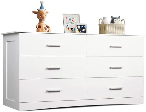 WLIVE White Dresser with 6 Drawers, Wide Wood Chest of Drawers for Bedroom, Large White Storage Tower Unit, Modern Minimalist Closet Store Organizer for Living Room, Hallway
