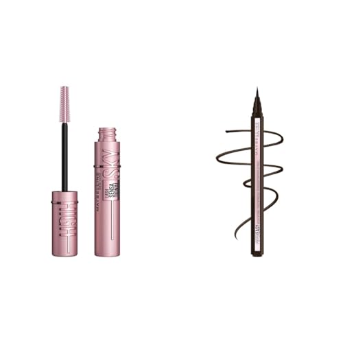 Maybelline Lash Sensational Sky High Washable Mascara Makeup & New York Hyper Easy Liquid Pen No-Skip Waterproof Eyeliner, Satin Finish, Pitch Brown