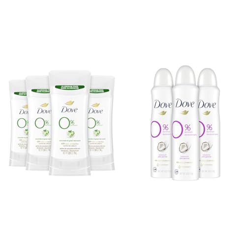 Dove 0% Aluminum Deodorant Cucumber and Green Tea Stick 4 Count and Coconut and Pink Jasmine Spray 3 Count Bundle