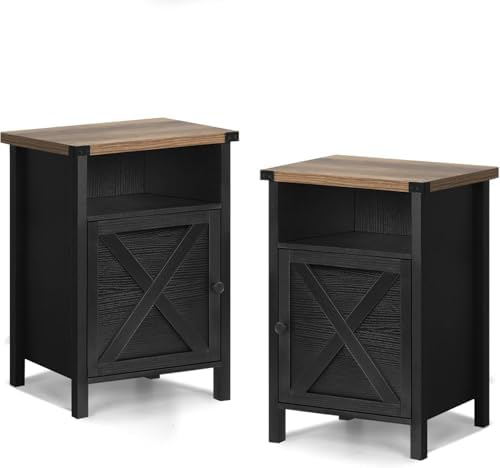 Farmhouse End Table, Nightstand, End Tables with Barn Door and Shelf, Wooden Sofa Side Table, Modern Bed Side Table Rustic Nightstands Set of 2, Bedroom, Living Room, Black