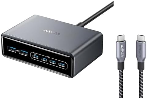 Anker Prime Charger 200W 6 Ports GaN Silver with Anker Prime USB-C to USB-C Cable 240W 1ft Upcycled-Braided Nylon 100-Year Bend Durability
