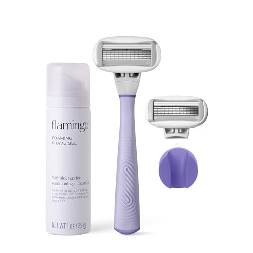 FLAMINGO 5-Blade Razors for Women - 1 Razor Handle + 1oz Foaming Shave Gel + 1 Shower Holder