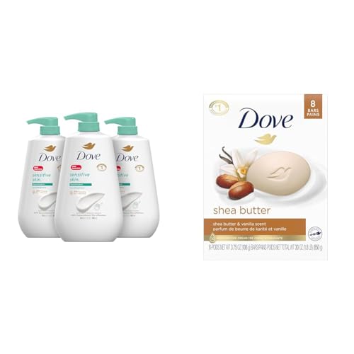 Dove Sensitive Skin Body Wash 30.6 fl oz (Pack of 3) Shea Butter Beauty Bar 3.75 oz 8 Bars