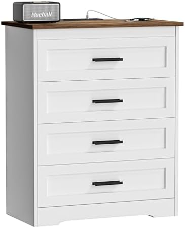 Farmhouse 4 Drawers Dresser for Bedroom Rustic Chest of Drawers with Natural Texture White Drawers Organizer for Living Room Hallway