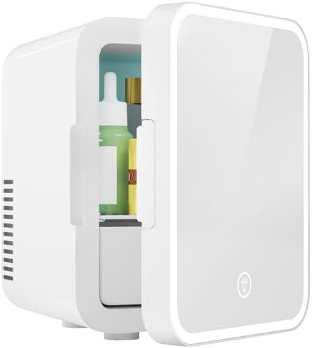 EUHOMY Mini Fridge, 5L AC/DC Small Refrigerator with Dimmable LED Mirror, Portable Cooler and Warmer for Skin Care, Cosmetics, Beverage, 5L Makeup Mini Skincare Fridge for Bedroom, Car, Office, White