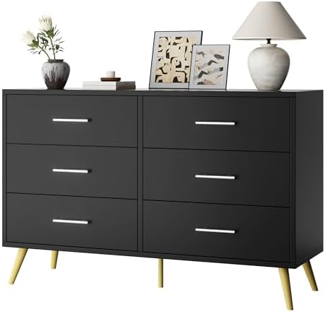 Shintenchi 6 Drawer Dresser, Wide Chest of Drawers Organizer Storage with Drawers, Large Storage Cabinet, Modern Design Dresser for Bedroom, Living Room, Porch, Black