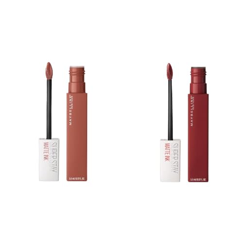 MAYBELLINE Super Stay Matte Ink Liquid Lipstick Makeup Long Lasting High Impact Color Up to 16H Wear Amazonian Nude Brown and Voyager Deep Red