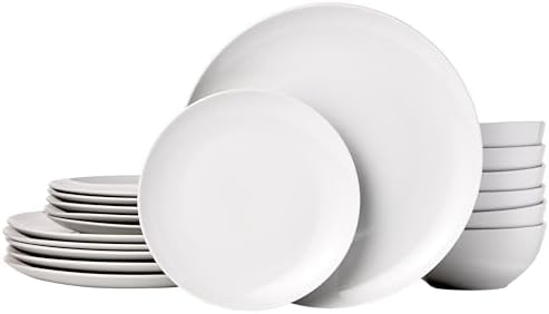 Amazon Basics Dinnerware Set, Microwave and Dishwasher Safe, Service for 6, 18-Piece Complete Kitchen, Plates, Dishes, Bowls, White Porcelain Coupe