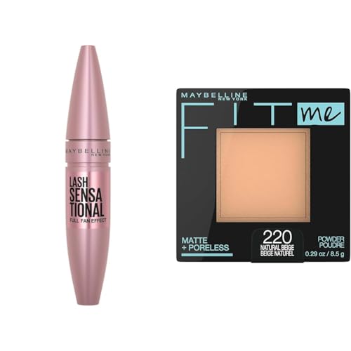 Maybelline Lash Sensational Mascara and Fit Me Pressed Powder Makeup Bundle, 1 Count Each