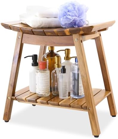 Acacia Shower Stool Bench for Inside Shower to sit on, 18 Inches Shower Chair with Shelf for Shaving Legs, Spa, Bath Seat, Waterproof Inside Shower Bench for Adults Seniors Elderly (18 in with Shelf)