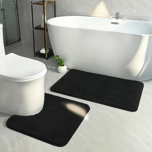 HOMORE Black Bathroom Rug Set 2 Piece,Soft Absorbent Bath Mats Set,Machine Washable Bath Rug Sets for Bathroom Non Slip,(21"x34"+21"x21") Plush Shaggy U Shape Contour Toilet