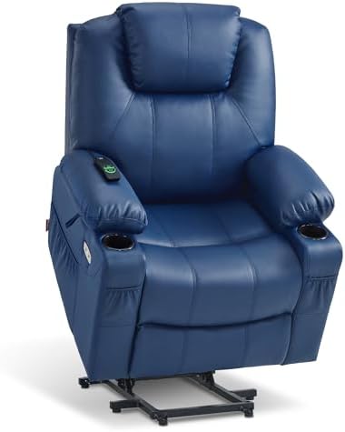 MCombo Electric Power Lift Recliner Chair Sofa with Massage and Heat for Elderly, 3 Positions, 2 Side Pockets, and Cup Holders, USB Ports, Faux Leather 7040 (Blue, Medium)
