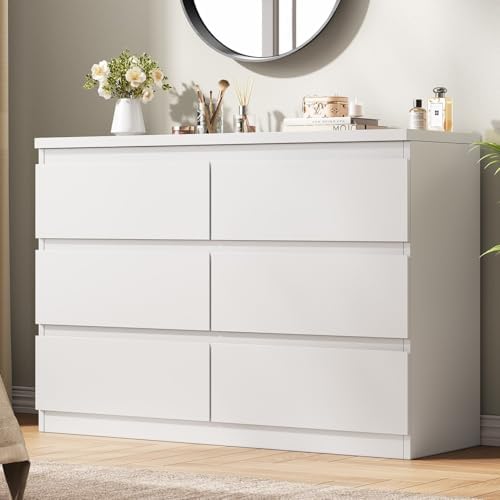 White 6 Drawer Dresser for Bedroom, 15.3" D x 47.2" W x 32.3" H in Simply Modern Chest of Drawers, Wood Storage Double Dresser with Deep Drawers for Living Room, Hallway Entryway, White