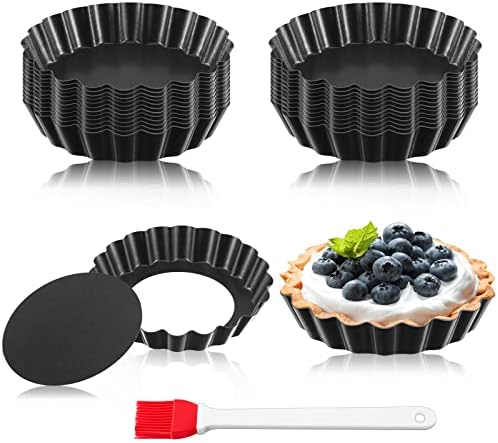 24 Pieces Mini Tart Pans with Removable Bottom 4 Inch Round Nonstick Quiche Pan Fluted Sided Tart Tins Non Stick Small Tart Mold for Kitchen Baking Pies, Tartlets, Mousse Cakes, Muffins