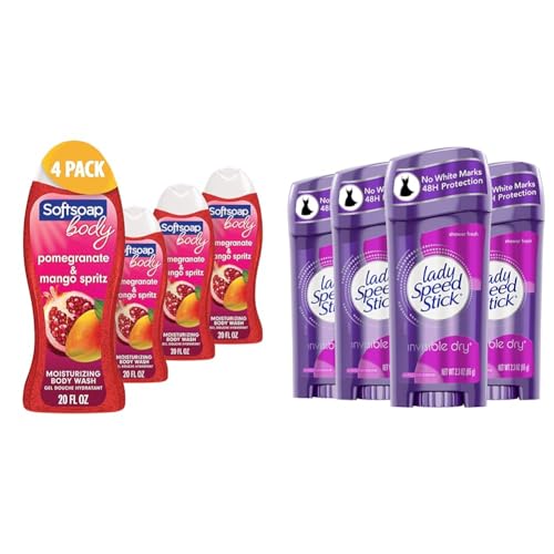 Softsoap Body Wash, Pomegranate & Mango Spritz Body Wash, 20 Fl Oz (Pack of 4) & Lady Speed Stick Invisible Dry Antiperspirant Deodorant, Shower Fresh, 2.3oz, 4 Pack