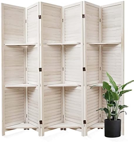 Partition Room Dividers, Folding Wood Privacy Screen with Three Display Shelves Suitable for Home Office, Study, Art Display - 6 Panel, 67 * 77inch (White)