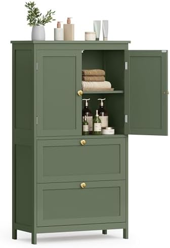 VASAGLE Floor Storage Cabinet, Freestanding Storage Unit with 2 Drawers and 2 Doors, Adjustable Shelf, 11.8 x 23.6 x 43.3 Inches, for Entryway, Bathroom, Forest Green UBBC551C01