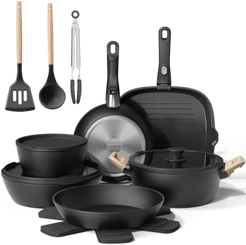 19 Pcs Pots and Pans Set Non Stick Ceramic Cookware Set with Removable Handles, Non Toxic Induction Kitchen Cookware Sets RV Cookware,Dishwasher/Oven Safe PFAS/PTFE/PFOA Free,Black