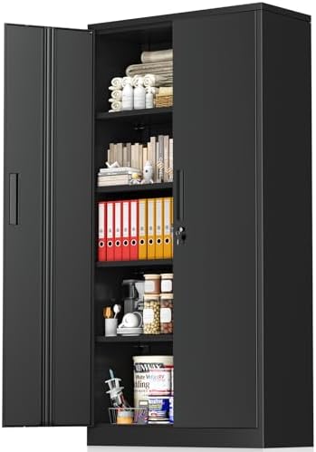 Greenvelly Metal Storage Cabinet with Lock, 72” Black Garage Storage Cabinet with Doors and Shelves, Tall Lockable File &Tool Cabinet for Home Office, Metal Classroom Cabinet Basement