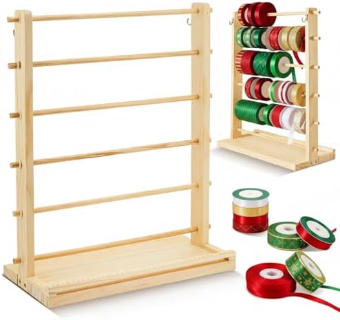 Menkxi 6 Tier Wooden Ribbon Organizer Christmas Ribbon Holder Rack Thread Washi Tape Spool Holder Storage Organizer for Sewing Craft Wreath Crochet Roll Florist Arts Wrapping Gift