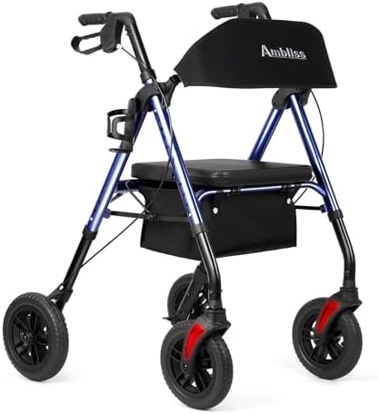 Ambliss Rollator Walkers with Seat for Seniors, 8" Wheels, 300lb. Weight Capacity, All Terrain Lightweight Walkers for Seniors with Backrest, Height Adjustable Foldable Walker, Dark Blue