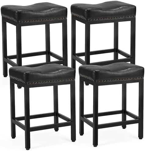 DUMOS Saddle Bar Stools Set of 4, 24 Inch Counter Height Stools with Curved PU Leather Surface, 3.7" Thick Upholstery Bar Height Stools with Footrest for Kitchen Island, Dining, Cafe, Black