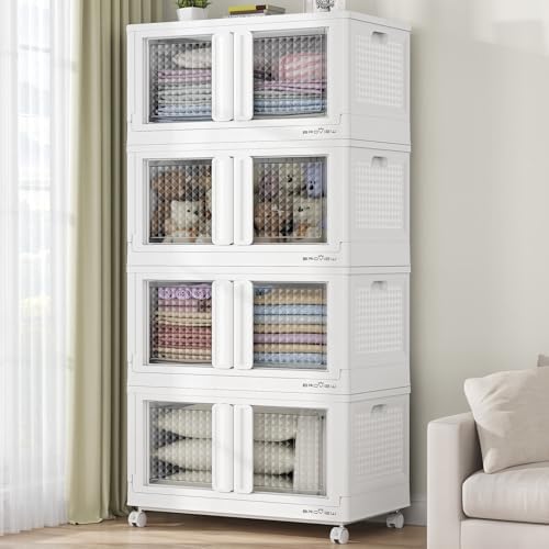 BROVIEW 400Qt Stackable Storage Bins with Lids, 100Gal Closet Organizers and Storage Drawer, Plastic Collapsible Storage Bins with Doors, Heavy Duty Store Box Cabinet for Home Kitchen, 4Pack White