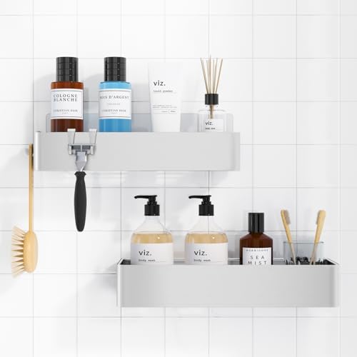 Kitsure Large Shower Caddy - 2 Pack Adhesive Shower Organizer, Rustproof Stainless Steel Shelves, No-Drill Bathroom Organizers and Storage, Silver