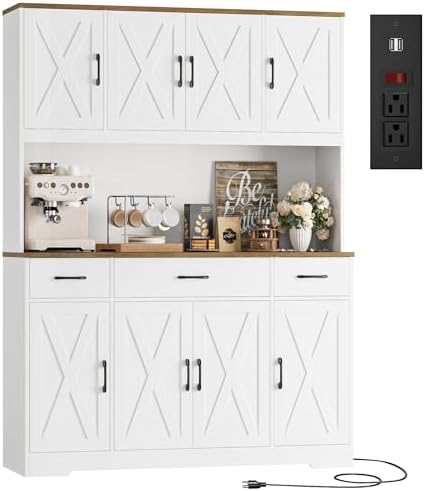 HOSTACK 71" Tall Kitchen Pantry Storage Cabinet with Charging Station, 55" Wide Kitchen Hutch Cabinet with Large Countertop, Farmhouse Food Pantry with Drawers for Living Room, White