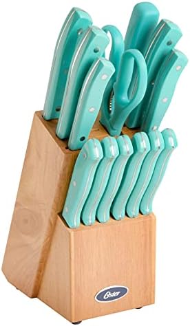 Oster Scottsdale Stainless Steel Cutlery, Knife Block Set (14-Piece), Turquoise