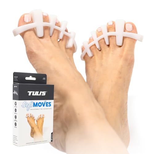 Tuli's Soft Moves Adjustable Toe Separators, Soft Silicone Toe Spacers for Alignment, Bunions, Hammertoes, Plantar Fasciitis, Yoga, and Morton’s Neuroma, One Size Fits All, White