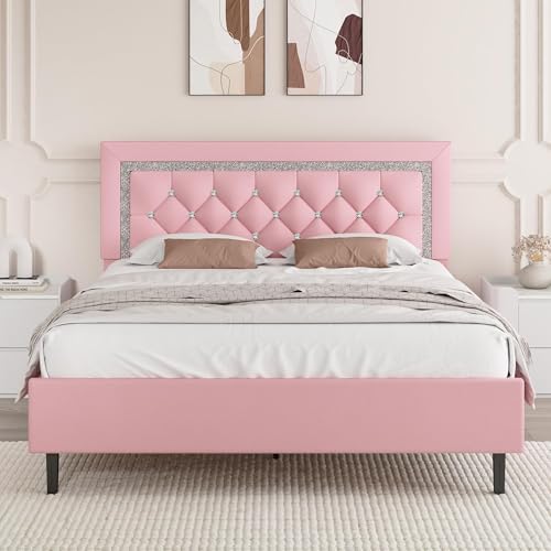 BarnFurin Queen Bed Frame with Tufted Button Headboard, Upholstered Platform Bed Frame with Diamond Design, Wood Slat Support, No Box Spring Needed, Easy Assembly, Pink
