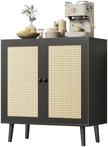 Huuger Buffet Cabinet with Storage, Storage Cabinet with Synthetic Rattan Decor Doors, Solid Wood Feet, for Hallway, Entry, Living Room, Black