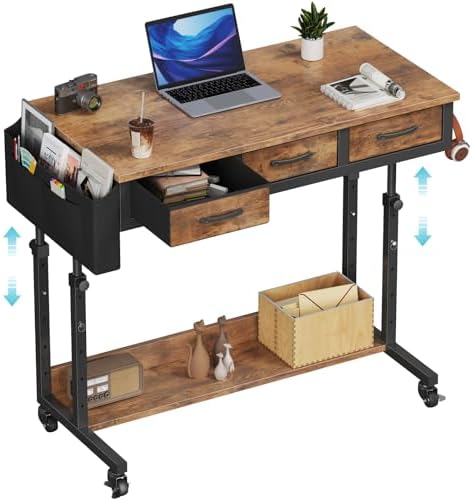 Rolling Standing Desk Adjustable Height with Drawers on Wheels, 40 Inch Portable Mobile Stand Up Computer Desks for Bedroom Home Office, Couch Sofa Side Laptop Table with Storage, Rustic Brown