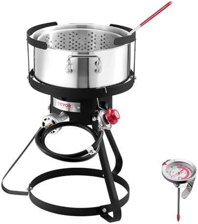 VEVOR 10 Qt Fish and Wing Fryer, Aluminum Propane Fish Fryer Kit, Outdoor Deep Fryer Seafood Pot with Thermometer, Strainer Basket, and 54,000 BTUs Propane Burners, for Outdoor and Backyard Cooking