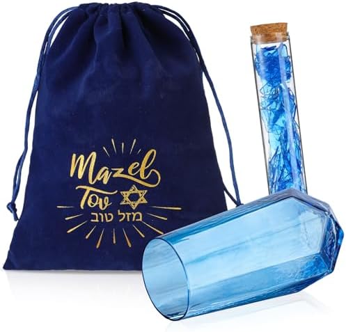 3 Pcs Jewish Wedding Chuppah Breaking Glass Jewish Gifts for Couples Engagement Marriage Anniversary Ceremony Blue Glass Souvenir Vessel Groom with Drawstring Bag