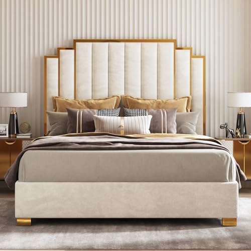 AMERLIFE King Size Upholstered Bed, Modern Velvet Bed Frame with 65.4” Tall Gold Trim Headboard, No Box Spring Needed, Cream