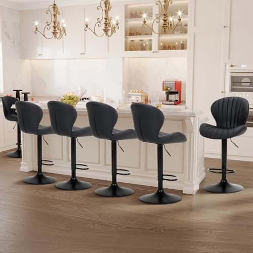 COLAMY Bar Stools Set of 6, Modern Swivel Bar Chairs, Adjustable Faux Leather Upholstered Barstools Counter Height with High Backrest for Bar, Kitchen Island, Dining Room, Black