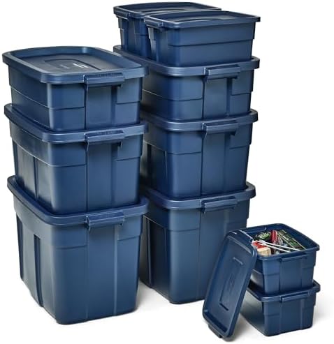 Rubbermaid Roughneck Tote Variety - |Made in the USA| Dark Indigo Metallic, Rugged Plastic Stackable Storage Tote with Lid and Handles (Pack of 10)