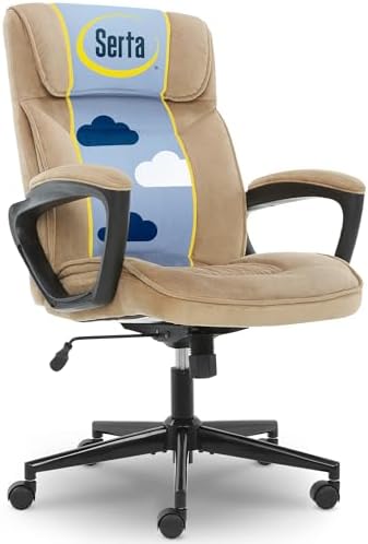 Serta Hannah Executive Home Office Desk Chair, Ergonomic Mid-Back with Lumbar Support, Firm Seat Cushion, Layered Body Pillows, Padded Armrests, Swivel Base, Easy Assembly, Microfiber, Beige