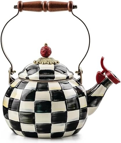 MACKENZIE-CHILDS Enamel Whistling Tea Kettle, Decorative Teapot for Stovetop, Black-and-White Courtly Check