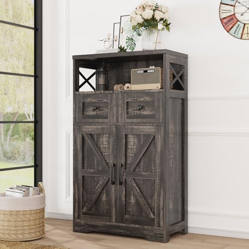 Farmhouse Storage Cabinet with Drawers and Shelf, Freestanding Kitchen Pantry Storage Cabinet, Floor Hutch Cupboard for Kitchen, Living Room, Home Office, Dark Rustic Oak