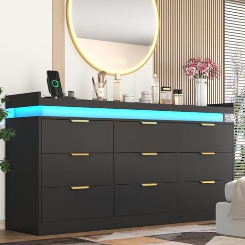 9 Drawer Dresser for Bedroom, Black Dresser with LED Lights and Power Outlet, Large Dressers Wooden Long Dressers, Triple Wide Drawer Organizer Cabinet for Bedroom, Entryway, Hallway