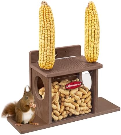 Kingsyard Squirrel Feeder Box for Outside, Recycled Plastic Squirrel Feeder Box with Corn Cob Holders, Easy to Refill & Clean, Weather-Proof (Brown)