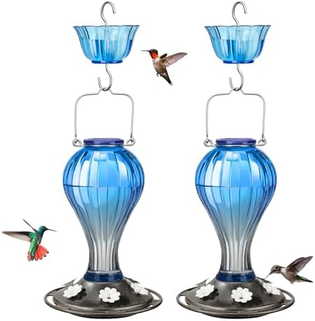 Kingsyard 2 Pack Glass Hummingbird Feeder 24 Ounces, 6 Feeding Ports, Hanging Bird Nectar Feeder for Outdoors Garden Yard DΓ©cor, Ant Moat Included, Blue