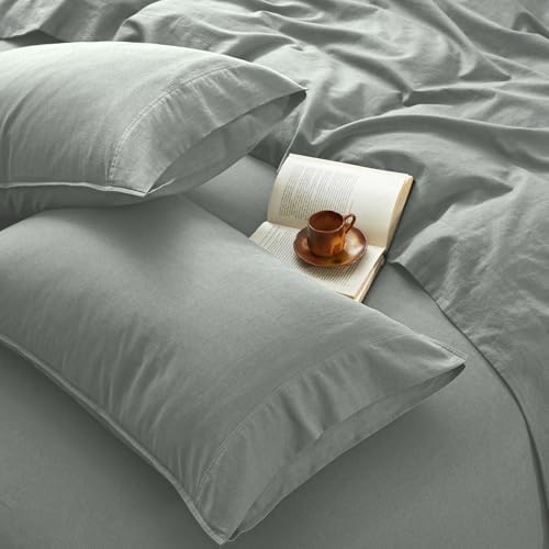 4Pcs Organic Linen Sheets Queen Size, 100% French Linen from Normandy, Tear-Resistant Earl Gray Queen Sheet Set with 16 Inch Deep Pocket, 1 Flat Sheet, 1 Fitted Sheet, 2 Pillowcases
