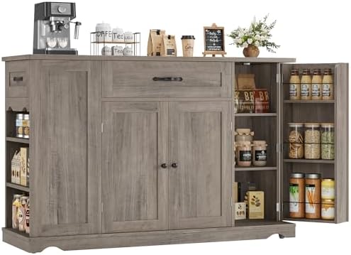 HOSTACK Kitchen Island Cart with Storage, 47'' Kitchen Storage Island on Wheels with 2 Drawers, Rolling Island Table with Adjustable Shelves, Mobile Buffet Sideboard Cabinet for Dining Room, Ash Gray