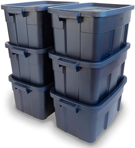 Rubbermaid Roughneck Tote 14 Gal, 6 Pack, Made in USA, Dark Indigo Metallic, Rugged Plastic Stackable Storage Bins with Lids and Handles